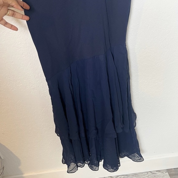 Aqua Navy Blue Off Shoulder Layered Mermaid Dress - Picture 4 of 7
